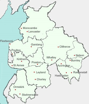 The towns and cities of Lancashire on a map