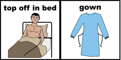 illustration of man with top off in bed and a gown