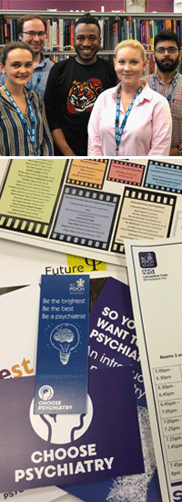 Top: Image of medical students. Bottom: a selection of leaflets promoting choose psychiatry.