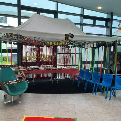 Indoor gazebo with chairs.