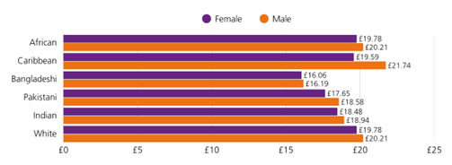 Horizontal bar graph comparing average hourly earnings between males and females on AFC only across six ethnic groups. 
