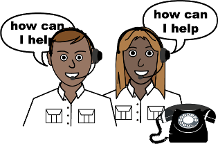 two people answer phones and ask, how can I help?