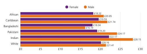 Horizontal bar graph comparing median hourly pay between males and females across six ethnic groups.