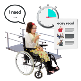 illustration of a woman in a wheelchair expressing her needs