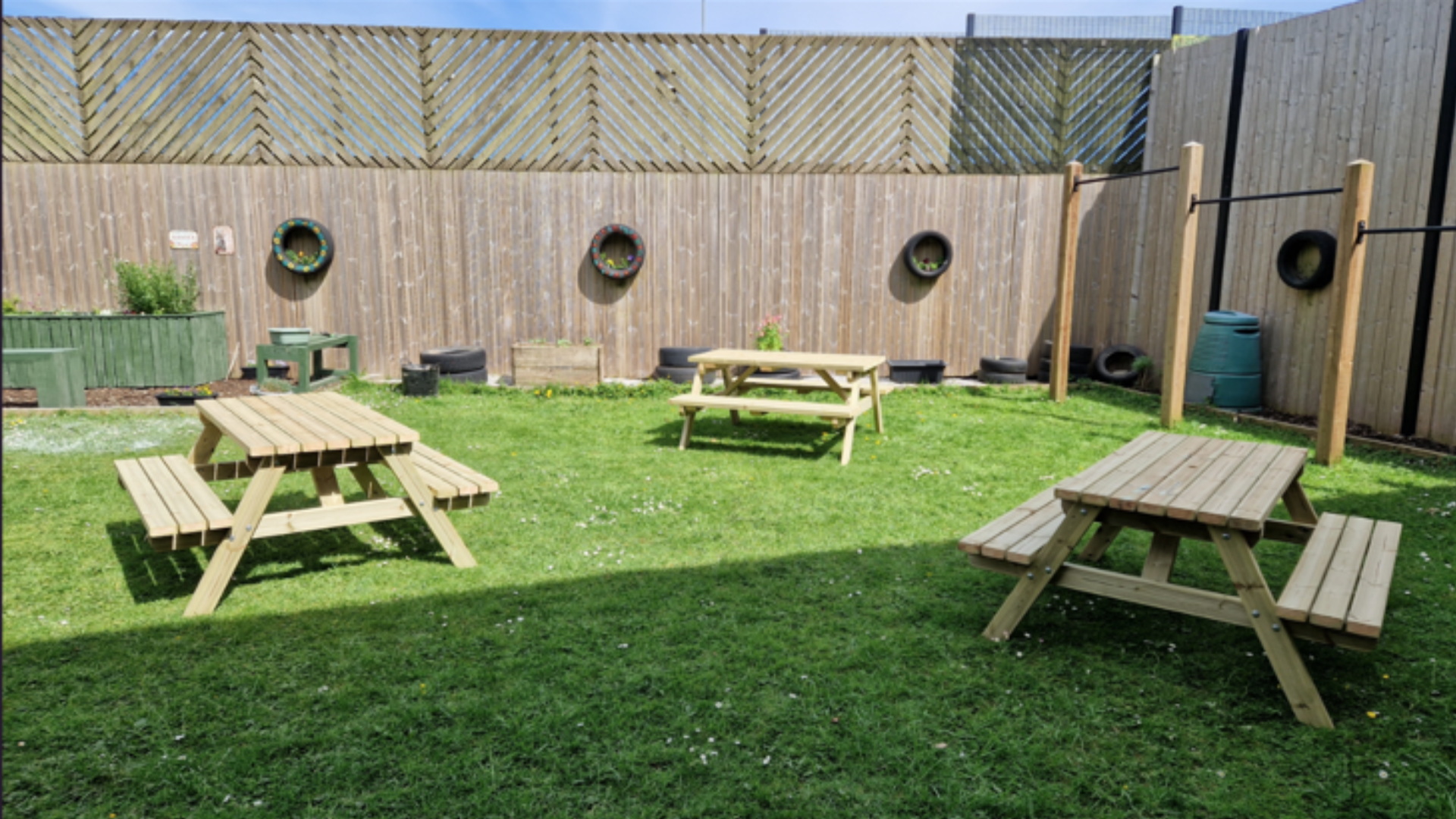 3 picnic benches in the garden