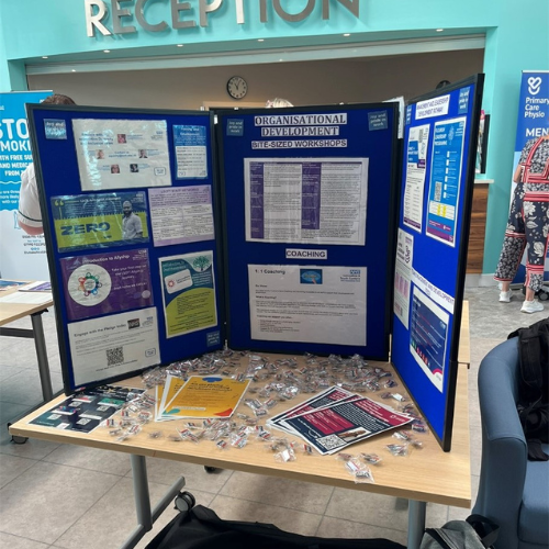 Display board on a stall at an event.