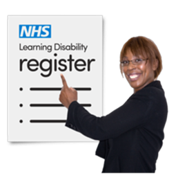 illustration of black woman pointing to a sign which says Learning Disability Register