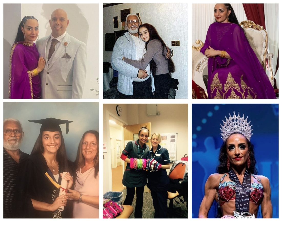 A collage of images of Rebekah, with her parents,her brother, her dad, as a nurse with another nurse and as a World Champion body builder