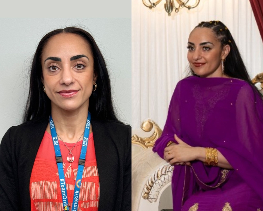 Two collage image of Rebekah Roshan in workwear and traditional wear