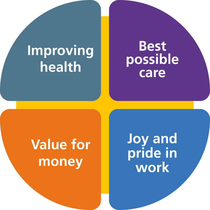  Quadruple Aim diagram made up of four quadrants: improving health, best possible care, value for money and joy and pride in work.