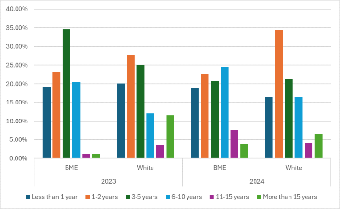 Graph showing how long have bank only workers solely worked on the bank in years vs ethnicity group